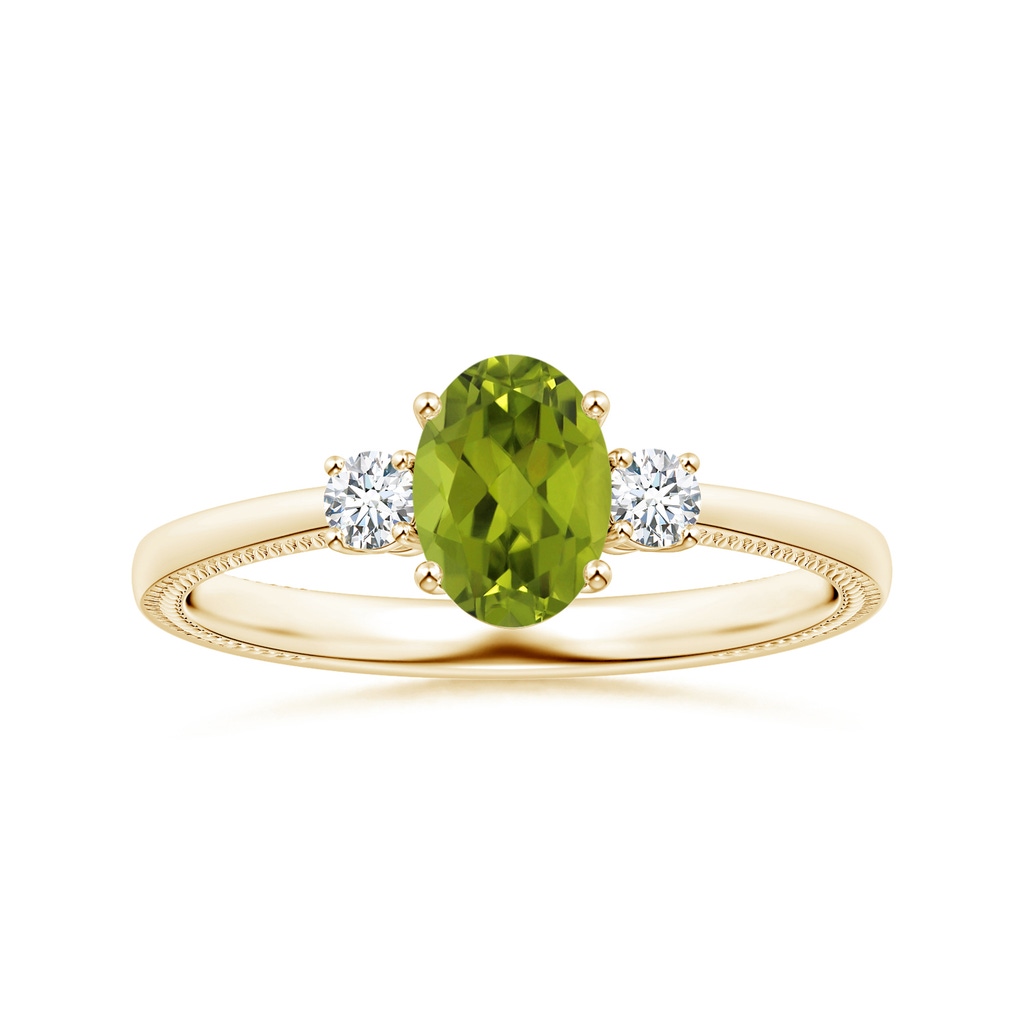 8.02x5.97x4.09mm AAA GIA Certified Three Stone Oval Peridot Reverse Tapered Shank Ring with Leaf Motifs in Yellow Gold
