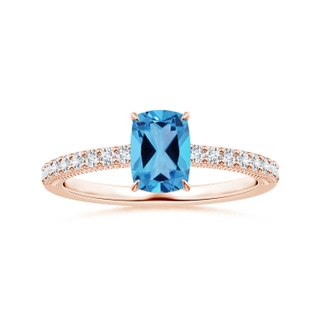 8.01x6.08x4.12mm AAAA Claw-Set GIA Certified Cushion Rectangular Swiss Blue Topaz Leaf Ring with Diamonds in 10K Rose Gold
