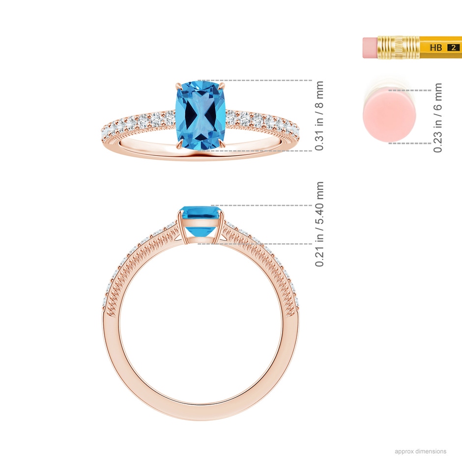 8.01x6.08x4.12mm AAAA Claw-Set GIA Certified Cushion Rectangular Swiss Blue Topaz Leaf Ring with Diamonds in 18K Rose Gold ruler