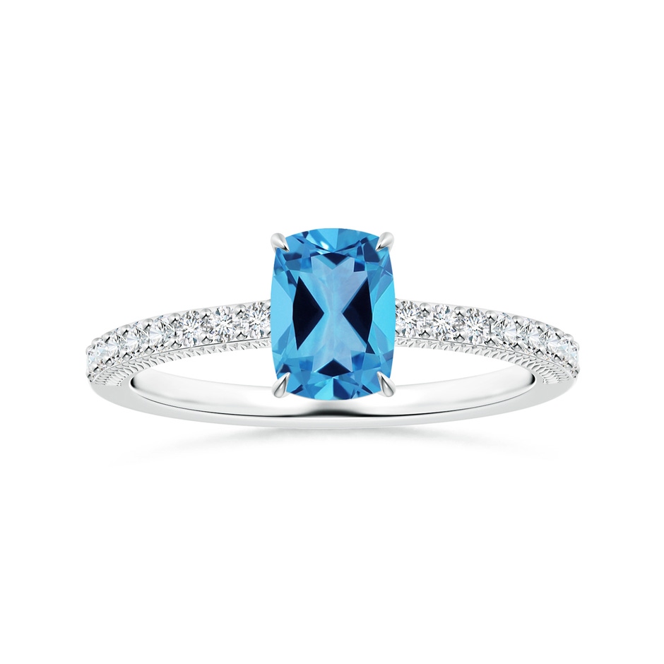 8.01x6.08x4.12mm AAAA Claw-Set GIA Certified Cushion Rectangular Swiss Blue Topaz Leaf Ring with Diamonds in 18K White Gold 