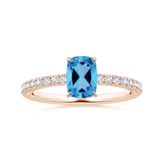 8.01x6.08x4.12mm AAAA Claw-Set GIA Certified Cushion Rectangular Swiss Blue Topaz Leaf Ring with Diamonds in Rose Gold
