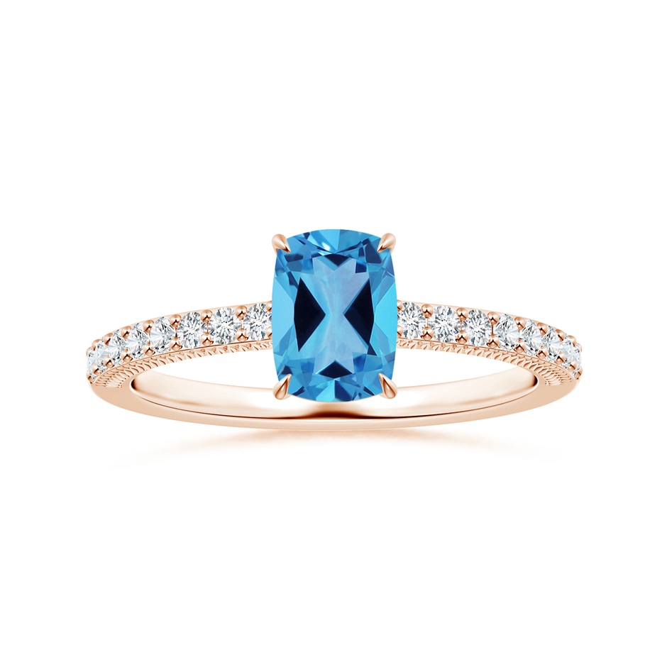 8.01x6.08x4.12mm AAAA Claw-Set GIA Certified Cushion Rectangular Swiss Blue Topaz Leaf Ring with Diamonds in Rose Gold 