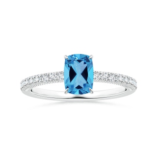 8.01x6.08x4.12mm AAAA Claw-Set GIA Certified Cushion Rectangular Swiss Blue Topaz Leaf Ring with Diamonds in White Gold