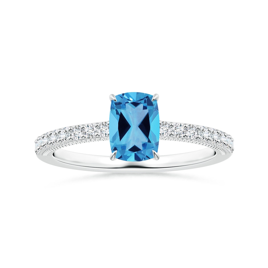 8.01x6.08x4.12mm AAAA Claw-Set GIA Certified Cushion Rectangular Swiss Blue Topaz Leaf Ring with Diamonds in White Gold 