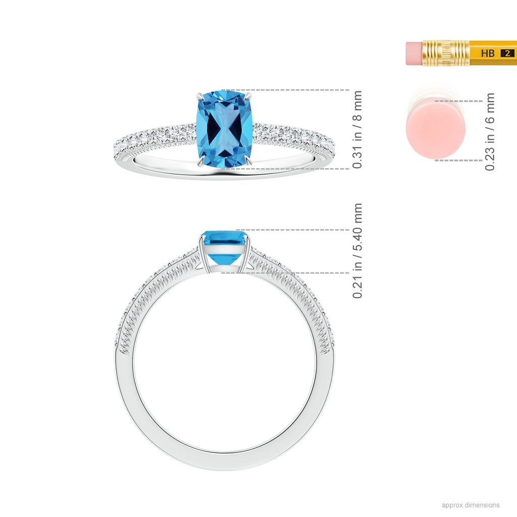 8.01x6.08x4.12mm AAAA Claw-Set GIA Certified Cushion Rectangular Swiss Blue Topaz Leaf Ring with Diamonds in White Gold ruler