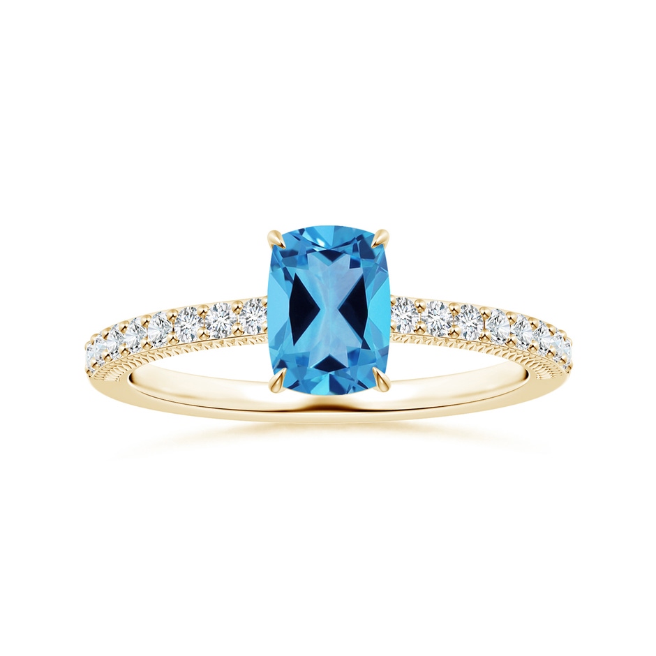 8.01x6.08x4.12mm AAAA Claw-Set GIA Certified Cushion Rectangular Swiss Blue Topaz Leaf Ring with Diamonds in Yellow Gold 