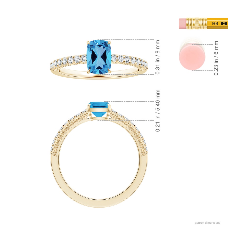 8.01x6.08x4.12mm AAAA Claw-Set GIA Certified Cushion Rectangular Swiss Blue Topaz Leaf Ring with Diamonds in Yellow Gold ruler