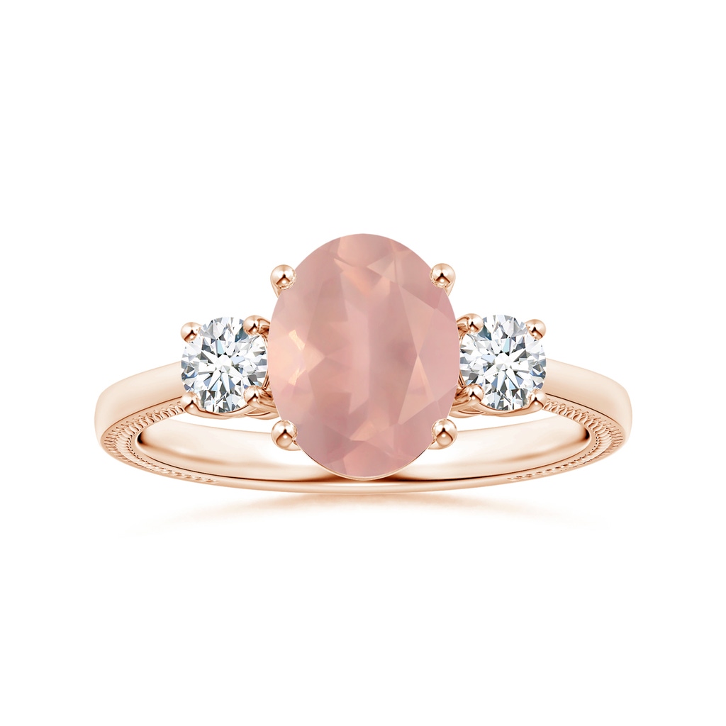 10.12x8.07x5.48mm AAAA GIA Certified Three Stone Oval Rose Quartz Reverse Tapered Shank Ring with Leaf Motifs in 10K Rose Gold