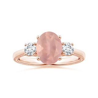 10.12x8.07x5.48mm AAAA GIA Certified Three Stone Oval Rose Quartz Reverse Tapered Shank Ring with Leaf Motifs in 18K Rose Gold