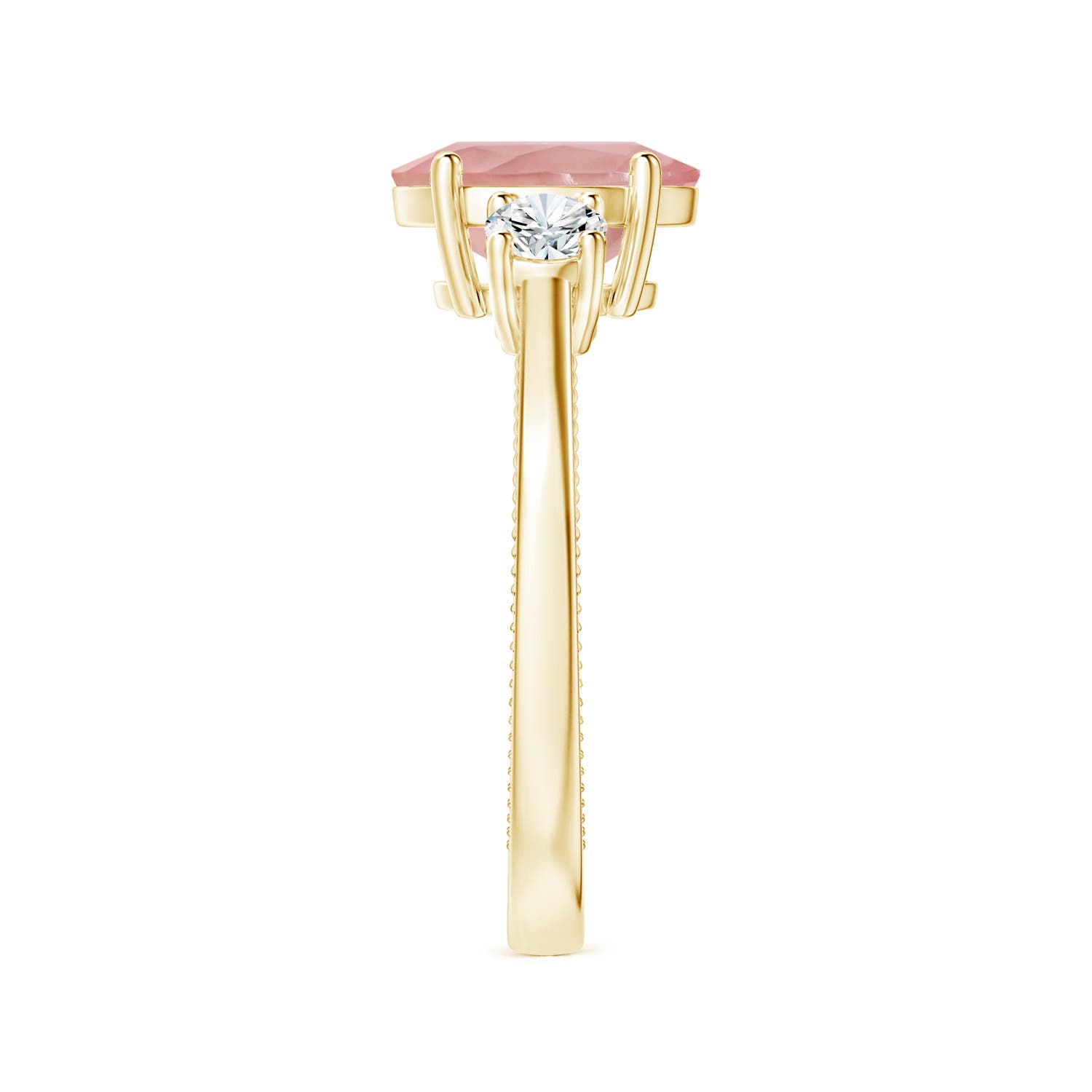 10.12x8.07x5.48mm AAAA GIA Certified Three Stone Oval Rose Quartz Reverse Tapered Shank Ring with Leaf Motifs in 18CT Yellow Gold - side 5