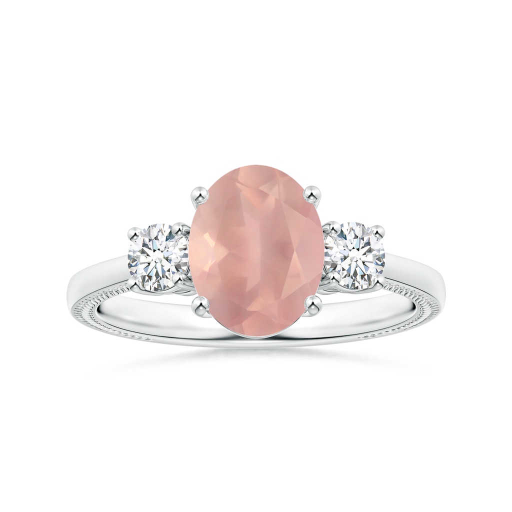 10.12x8.07x5.48mm AAAA GIA Certified Three Stone Oval Rose Quartz Reverse Tapered Shank Ring with Leaf Motifs in P950 Platinum