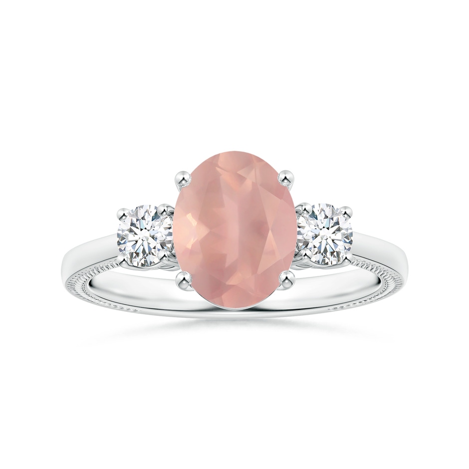 10.12x8.07x5.48mm AAAA GIA Certified Three Stone Oval Rose Quartz Reverse Tapered Shank Ring with Leaf Motifs in P950 Platinum 