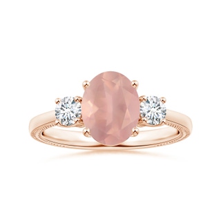 10.12x8.07x5.48mm AAAA GIA Certified Three Stone Oval Rose Quartz Reverse Tapered Shank Ring with Leaf Motifs in Rose Gold