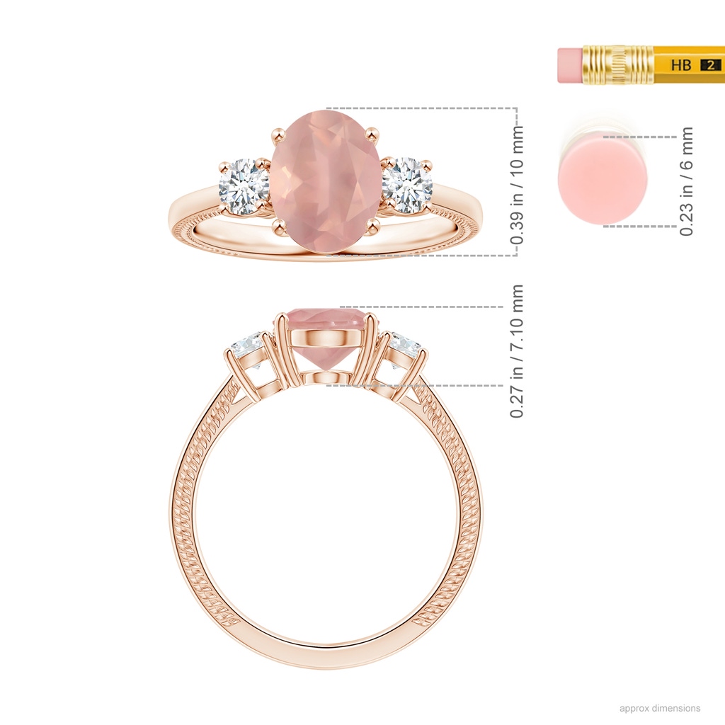 10.12x8.07x5.48mm AAAA GIA Certified Three Stone Oval Rose Quartz Reverse Tapered Shank Ring with Leaf Motifs in Rose Gold ruler
