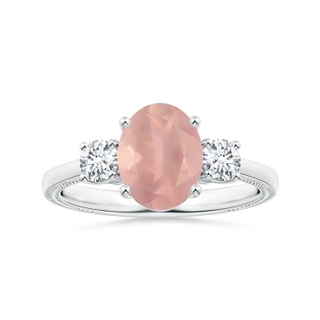 10.12x8.07x5.48mm AAAA GIA Certified Three Stone Oval Rose Quartz Reverse Tapered Shank Ring with Leaf Motifs in White Gold