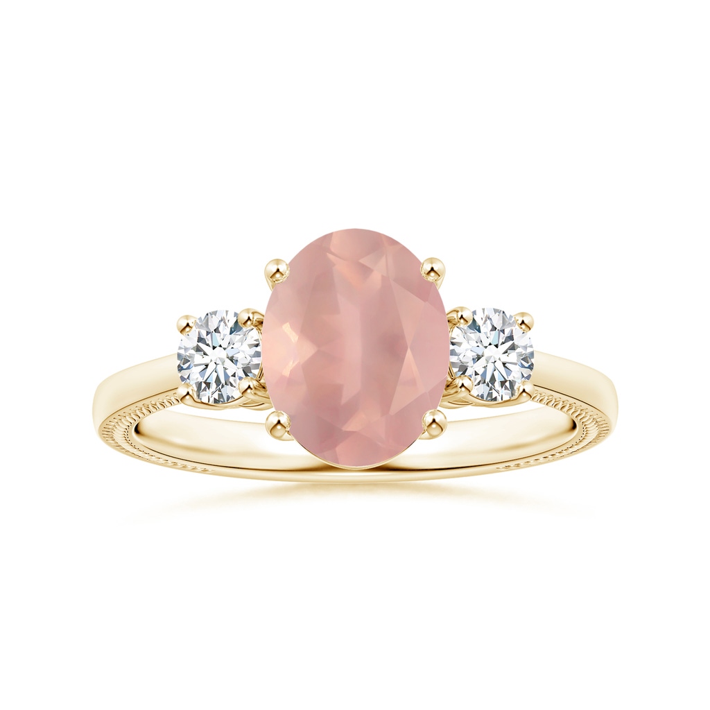 10.12x8.07x5.48mm AAAA GIA Certified Three Stone Oval Rose Quartz Reverse Tapered Shank Ring with Leaf Motifs in Yellow Gold
