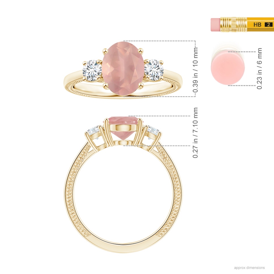 10.12x8.07x5.48mm AAAA GIA Certified Three Stone Oval Rose Quartz Reverse Tapered Shank Ring with Leaf Motifs in Yellow Gold ruler