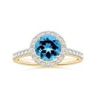 7.25x7.15x4.53mm AAAA GIA Certified Round Swiss Blue Topaz Halo Ring with Diamonds in 18K Yellow Gold