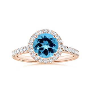 7.25x7.15x4.53mm AAAA GIA Certified Round Swiss Blue Topaz Halo Ring with Diamonds in 9K Rose Gold