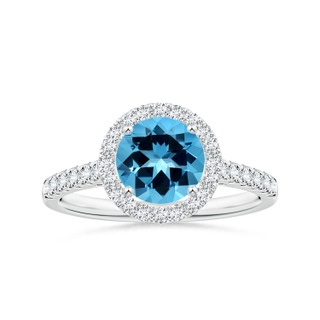 7.25x7.15x4.53mm AAAA GIA Certified Round Swiss Blue Topaz Halo Ring with Diamonds in P950 Platinum