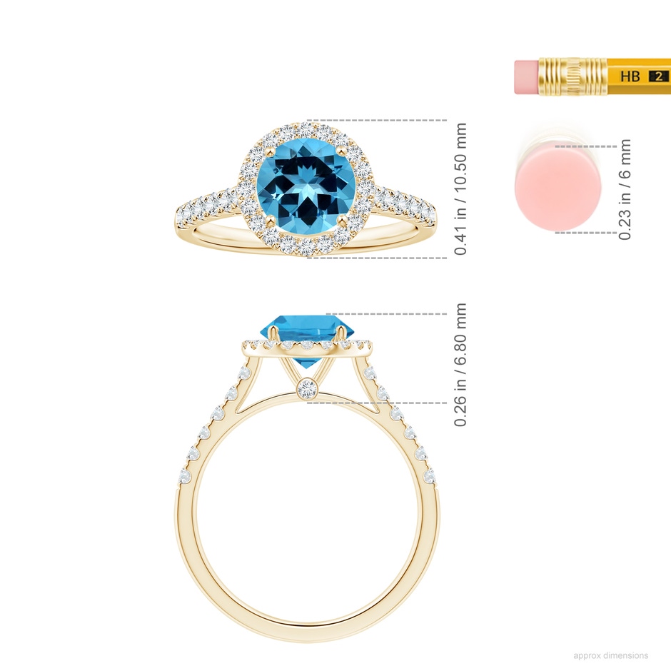 7.25x7.15x4.53mm AAAA GIA Certified Round Swiss Blue Topaz Halo Ring with Diamonds in Yellow Gold ruler
