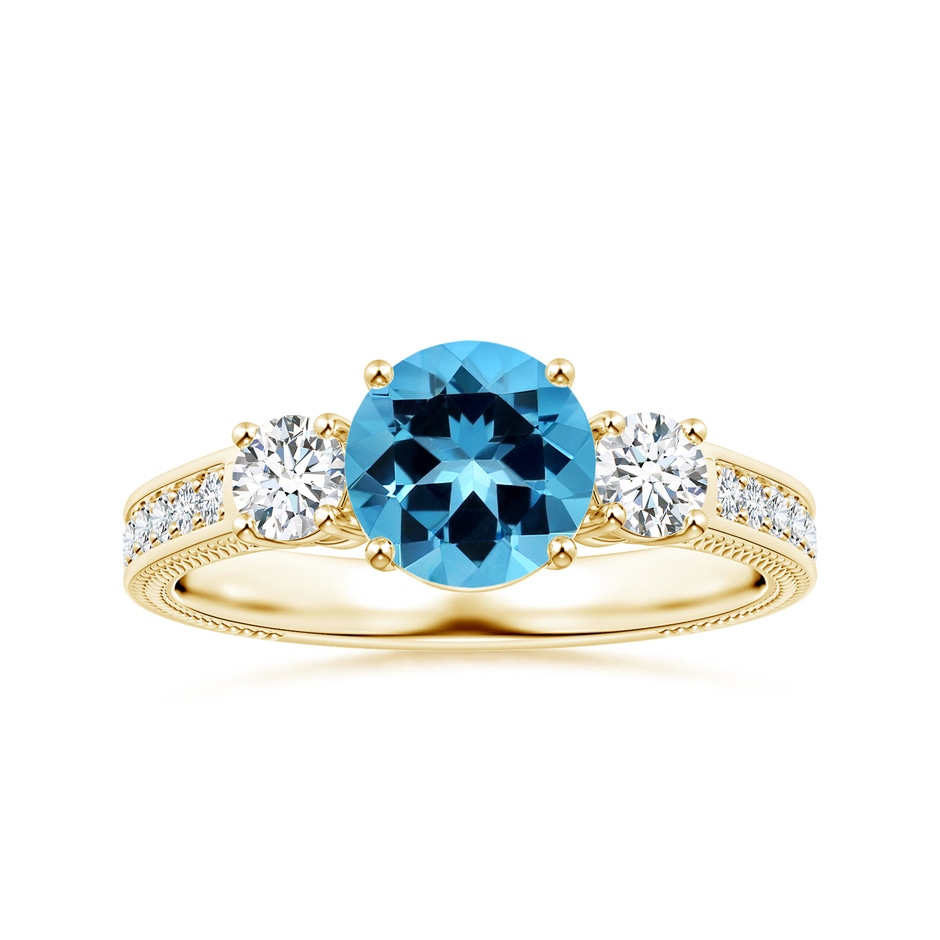 7.25x7.15x4.53mm AAAA GIA Certified Three Stone Swiss Blue Topaz Leaf Ring with Diamonds in 18K Yellow Gold 