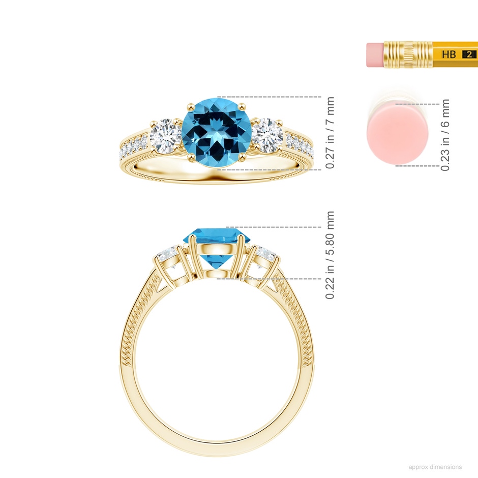 7.25x7.15x4.53mm AAAA GIA Certified Three Stone Swiss Blue Topaz Leaf Ring with Diamonds in 18K Yellow Gold ruler