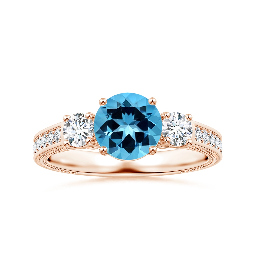 7.25x7.15x4.53mm AAAA GIA Certified Three Stone Swiss Blue Topaz Leaf Ring with Diamonds in Rose Gold