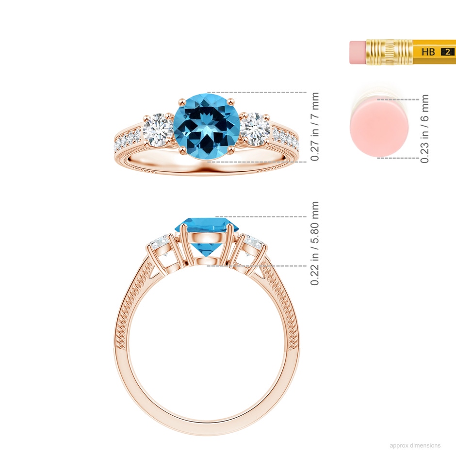 7.25x7.15x4.53mm AAAA GIA Certified Three Stone Swiss Blue Topaz Leaf Ring with Diamonds in Rose Gold ruler
