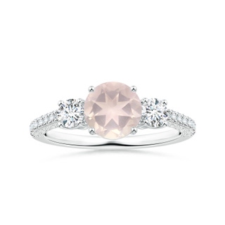 7.10x7.04x4.68mm A GIA Certified Three Stone Rose Quartz Ring with Scrollwork in 18K White Gold
