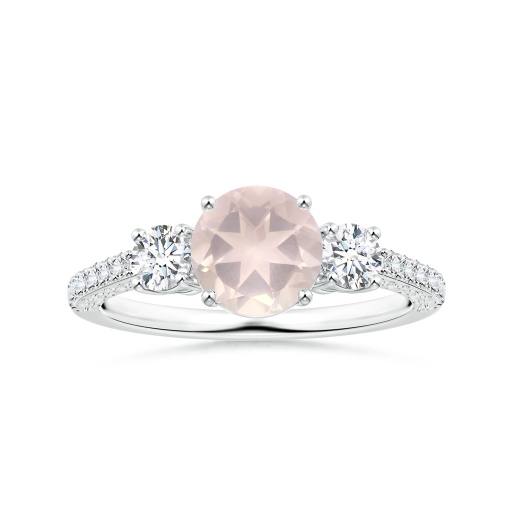 7.10x7.04x4.68mm A GIA Certified Three Stone Rose Quartz Ring with Scrollwork in P950 Platinum