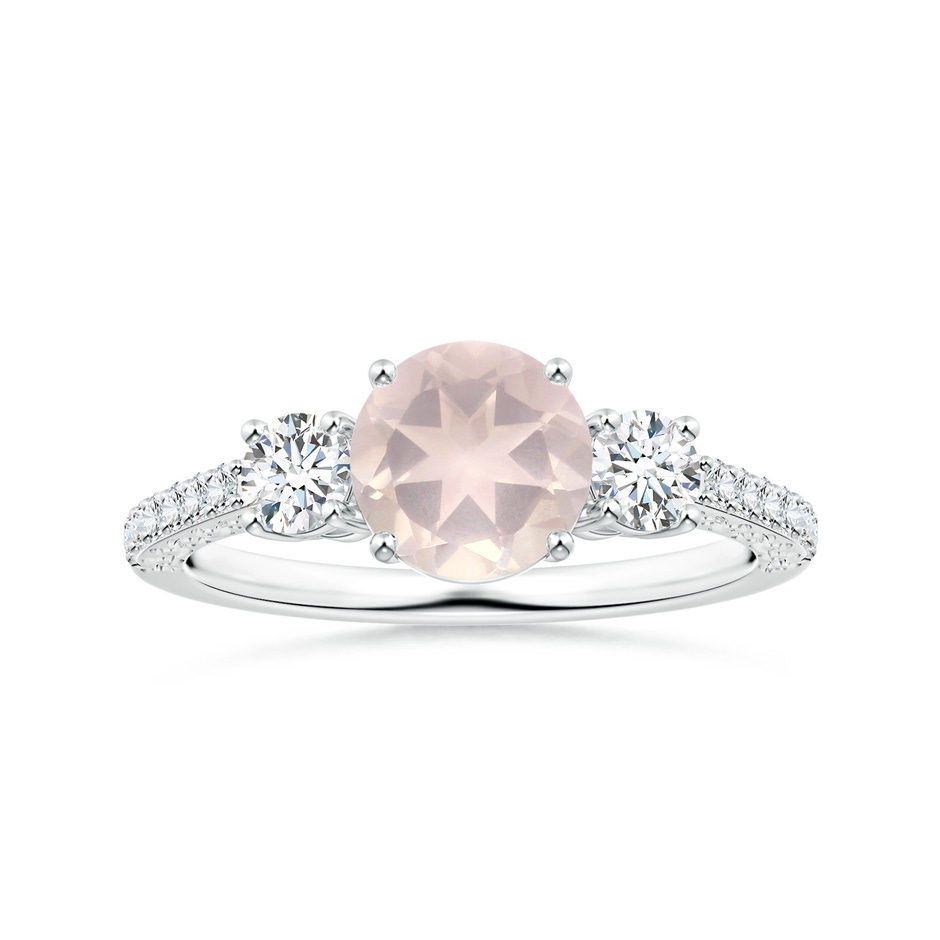 7.10x7.04x4.68mm A GIA Certified Three Stone Rose Quartz Ring with Scrollwork in P950 Platinum 