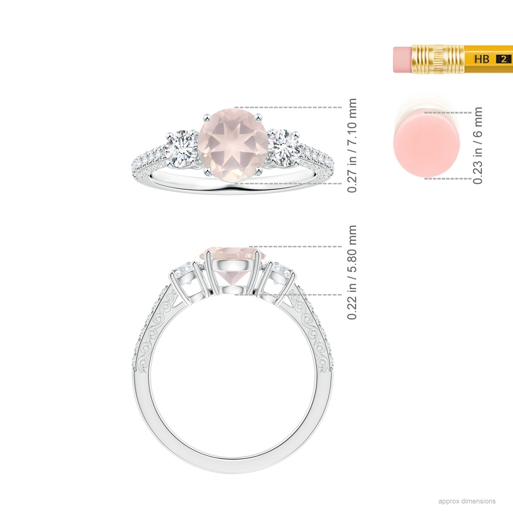 7.10x7.04x4.68mm A GIA Certified Three Stone Rose Quartz Ring with Scrollwork in P950 Platinum ruler