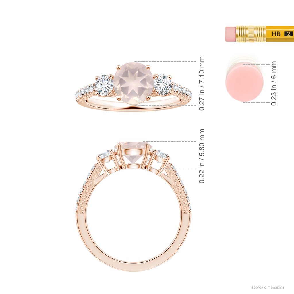 7.10x7.04x4.68mm A GIA Certified Three Stone Rose Quartz Ring with Scrollwork in Rose Gold ruler
