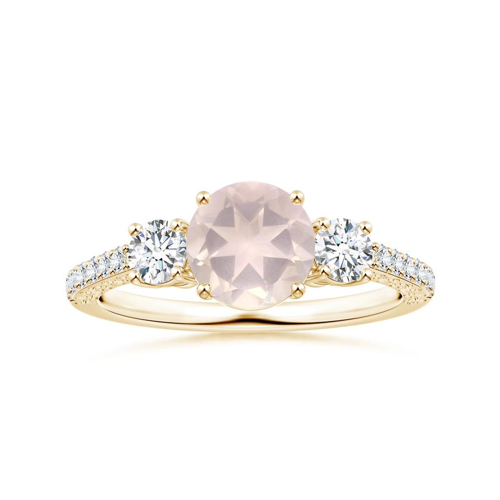 7.10x7.04x4.68mm A GIA Certified Three Stone Rose Quartz Ring with Scrollwork in Yellow Gold