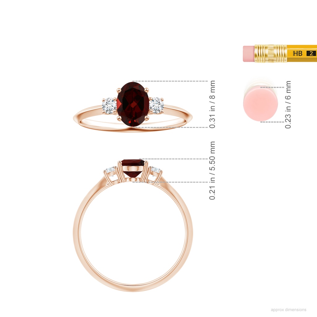 8.16x6.07x3.91mm AAA GIA Certified Three Stone Oval Garnet Knife-Edged Shank Ring in 9K Rose Gold ruler
