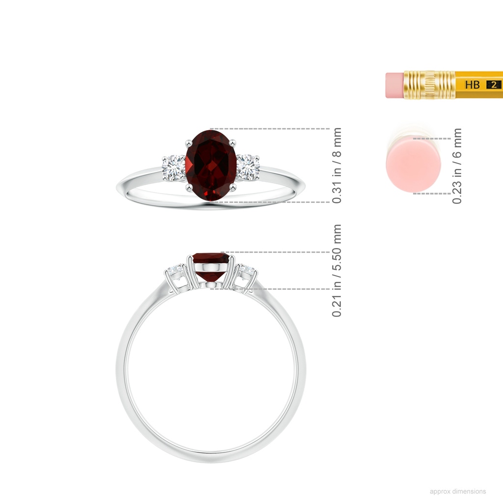 8.16x6.07x3.91mm AAA GIA Certified Three Stone Oval Garnet Knife-Edged Shank Ring in White Gold ruler