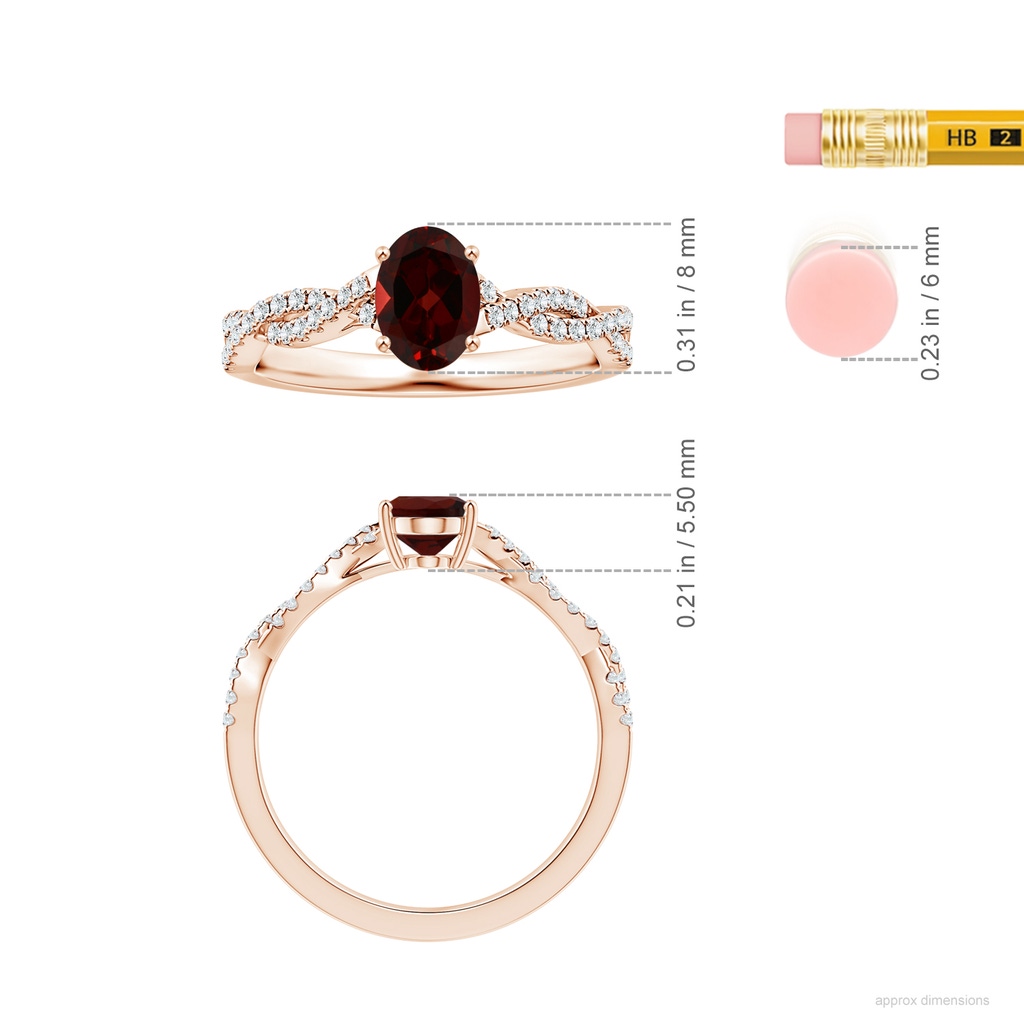 8.16x6.07x3.91mm AAA Prong-Set GIA Certified Oval Garnet Twisted Shank Ring with Diamonds in 9K Rose Gold ruler