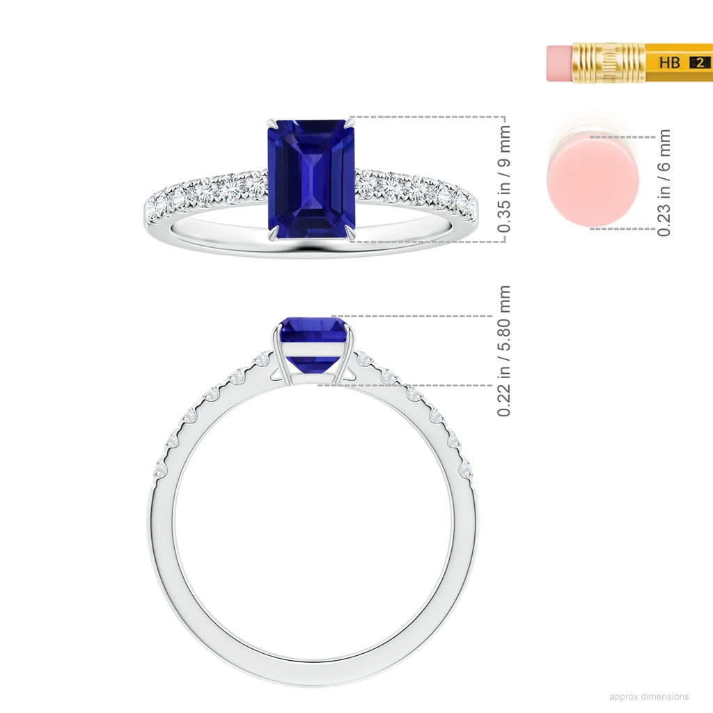 8.14x6.11x4.40mm AAAA GIA Certified Claw-Set Emerald-Cut Tanzanite Ring with Diamonds in White Gold ruler