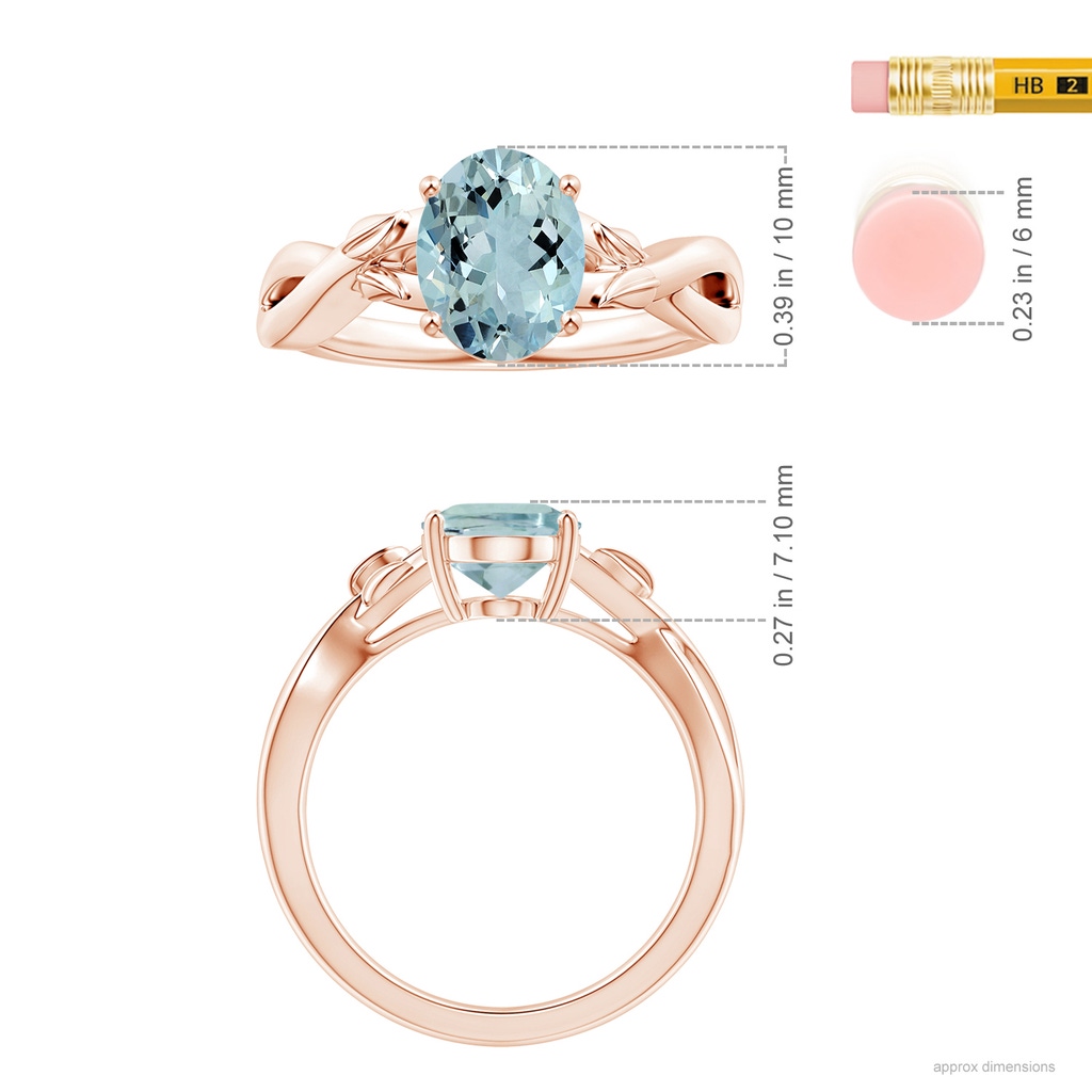 9.91x7.81x5.24mm AA GIA Certified Prong-Set Solitaire Oval Aquamarine Nature Inspired Ring in 18K Rose Gold ruler
