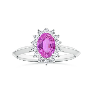 7.11x4.97x2.35mm AAAA Princess Diana Inspired Oval Pink Sapphire Knife-Edge Ring with Halo in 18K White Gold