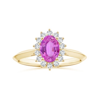 7.11x4.97x2.35mm AAAA Princess Diana Inspired Oval Pink Sapphire Knife-Edge Ring with Halo in 18K Yellow Gold