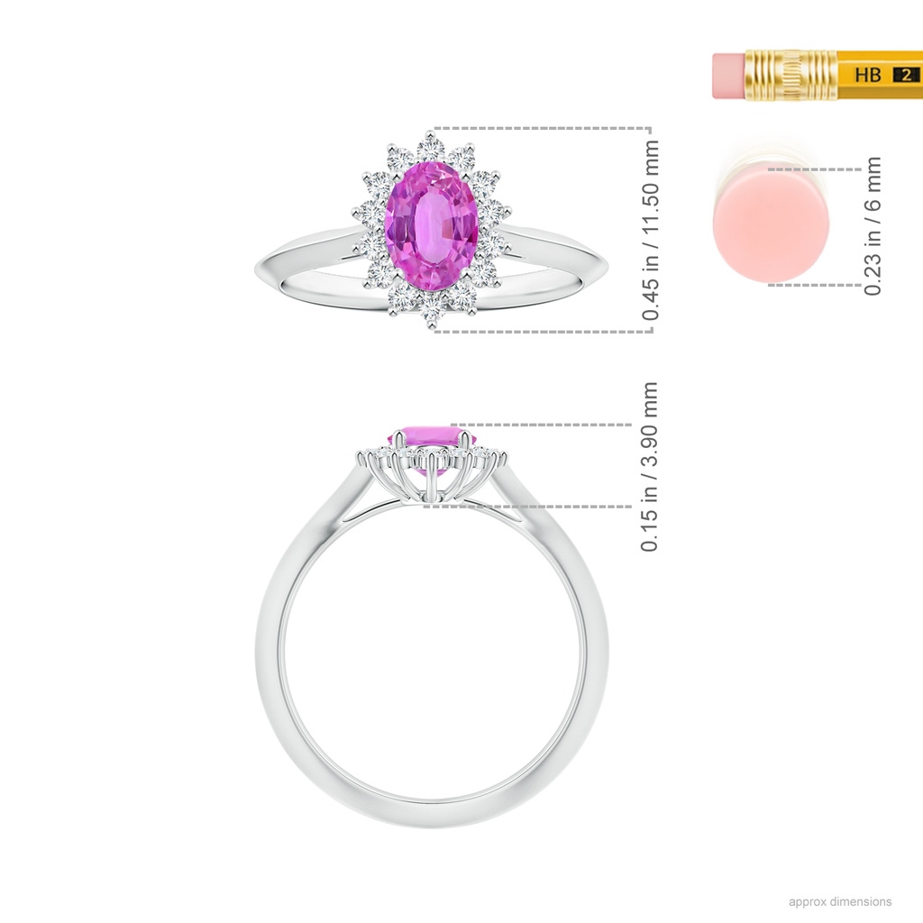 7.11x4.97x2.35mm AAAA Princess Diana Inspired Oval Pink Sapphire Knife-Edge Ring with Halo in P950 Platinum ruler