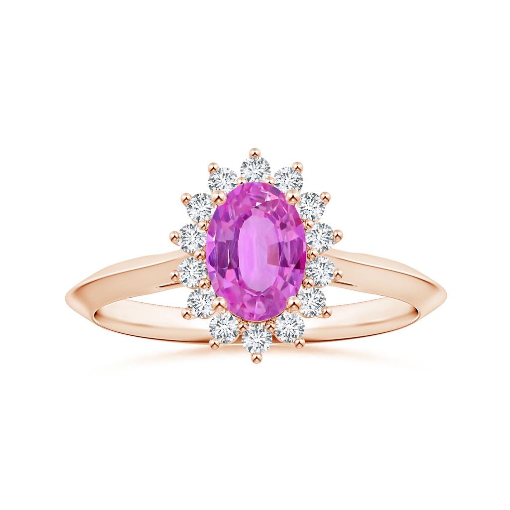 7.11x4.97x2.35mm AAAA Princess Diana Inspired Oval Pink Sapphire Knife-Edge Ring with Halo in Rose Gold