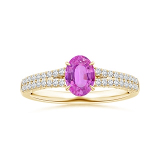 7.11x4.97x2.35mm AAAA Claw-Set Oval Pink Sapphire Split Shank Ring with Scrollwork in 18K Yellow Gold