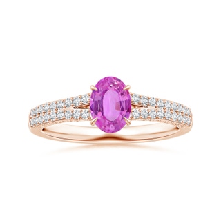 7.11x4.97x2.35mm AAAA Claw-Set Oval Pink Sapphire Split Shank Ring with Scrollwork in 9K Rose Gold