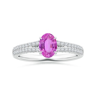 7.11x4.97x2.35mm AAAA Claw-Set Oval Pink Sapphire Split Shank Ring with Scrollwork in P950 Platinum