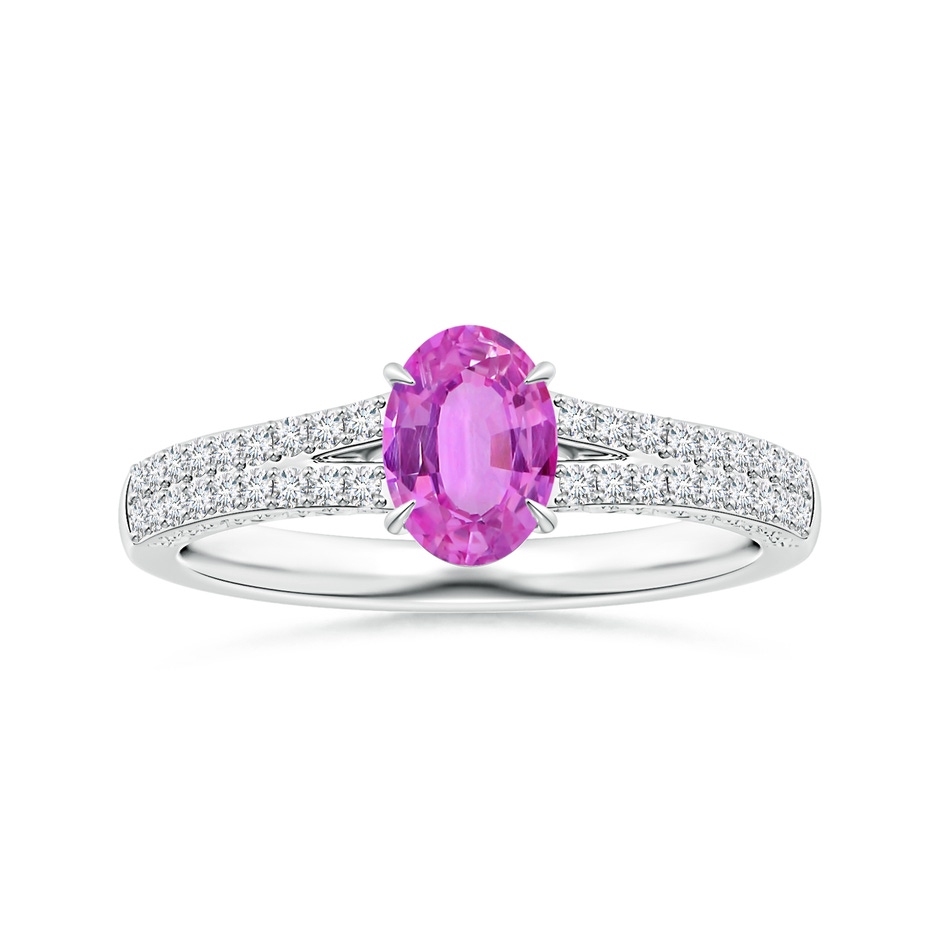 7.11x4.97x2.35mm AAAA Claw-Set Oval Pink Sapphire Split Shank Ring with Scrollwork in White Gold 