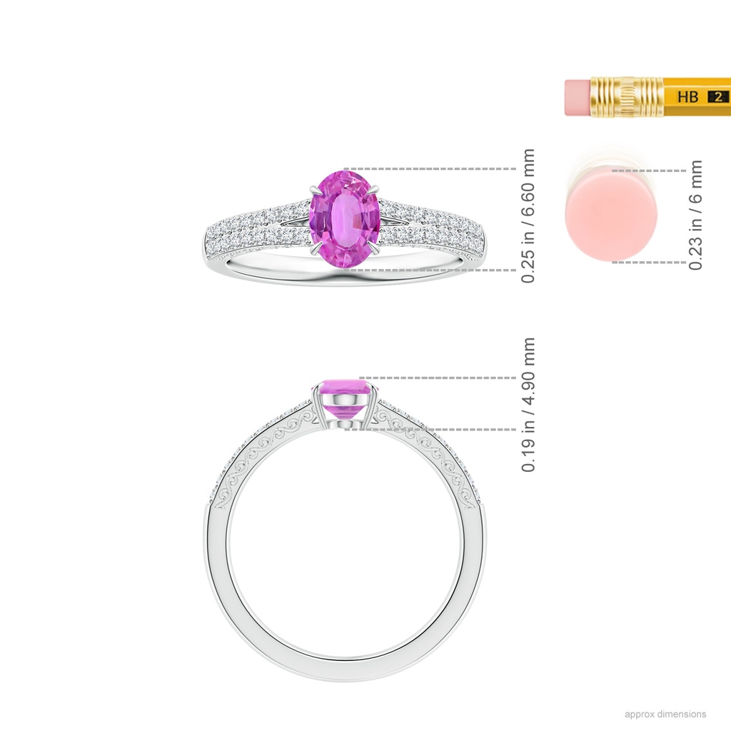 7.11x4.97x2.35mm AAAA Claw-Set Oval Pink Sapphire Split Shank Ring with Scrollwork in White Gold ruler