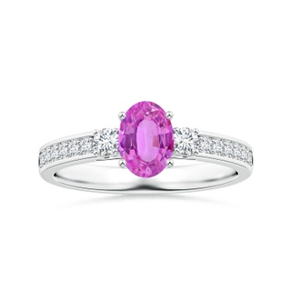 7.11x4.97x2.35mm AAAA Oval Pink Sapphire Three Stone Ring with Diamonds in 18K White Gold